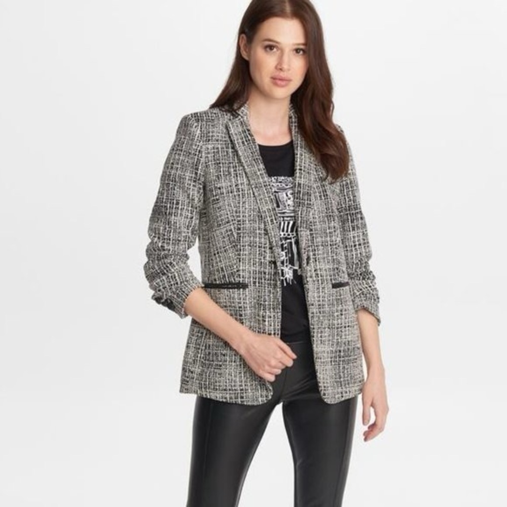 KARL LAGERFELD PARIS Tweed Faux Leather Trimmed Blazer Suit Jacket